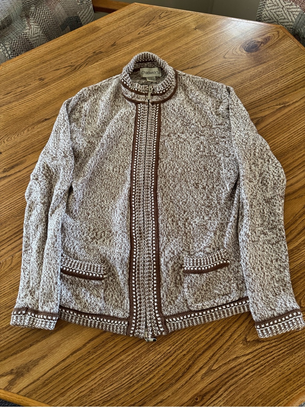 Chadwicks brown and white melange zip-up knit cardigan zips from top and bottom